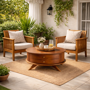 Luxury Teak Wood Modern Design Durable Idul Round Coffee <b>Table</b> Accent <b>Table</b> with 2 Drawers for Stylish Home Furniture Storage - Product Image 4