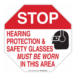 Señalización de PVC para Piso Brady: Protección Auditiva y Lentes de Seguridad Requeridas en Áreas Industriales, 18 x 18 Pulgadas - Product Image 1