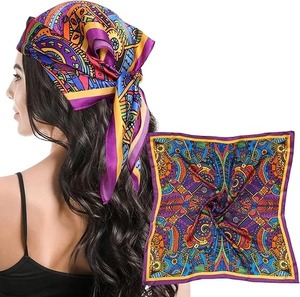2026 High Quality Vintage Long Printed Satin Silk <b>Scarf</b> 90x90cm Pure Silk Hijab Women's <b>Square</b> <b>Scarf</b> - Product Image 1