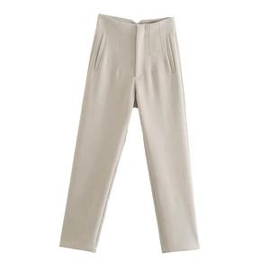 Pantalon droit taille haute gris uni en tissu peigné, longueur intégrale, infroissable, décontracté, pour femme, coupe régulière, satiné, large, automne - Product Image 5