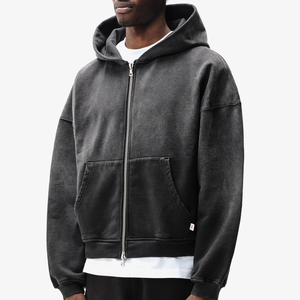 Sudadera con capucha para hombre de algodón de 500 g/m², personalizada, con hombros caídos, corte holgado, con cremallera, oversize, efecto descolorido por el sol, de peso pesado - Product Image 2