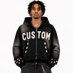 Vente en gros de sweats à capuche pour hommes, rouges, effet vieilli, zippés, en polaire épaisse, avec strass, patch personnalisé, coupe oversize, style streetwear, fournisseur OEM ODM - Product Image 4