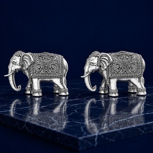 Par de elefantes de latón chapado en plata oxidada 999, diseño moderno artesanal, 490g, Murti de elefante tradicional - Product Image 4