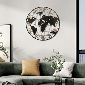 36-Inch Large Black Metal <b>Wall</b> <b>Clock</b> with Modern <b>Silent</b> World Map Design Vintage Gold Arabic Numerals Decorative for Living Room - Product Image 1