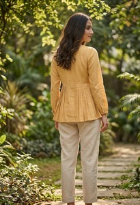 Pleated <b>Linen</b> Cotton <b>Top</b> O-Neck Long Sleeve Casual Loose Fit Kurti with Pant Breathable Solid Color All Seasons Women's Wear - Product Image 3