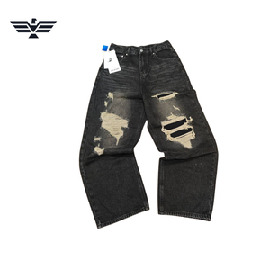 Jean cargo en denim déchiré coupe droite ample pour homme, délavage foncé, taille mi-haute, style streetwear, coton mi-lourd, idéal été-automne - Product Image 3