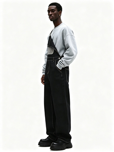 Nouvelles salopettes en jean noir pour homme 2026, avec surpiqûres contrastées, coupe ample, style streetwear, combinaison de travail - Product Image 4