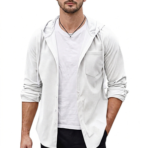 Men Hooded Woven Cotton Casual <b>Cardigan</b> Solid Color Breathable Regular Fit Summer Outerwear - Product Image 2