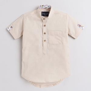 Polka Tots Half Sleeve Short Kurta Floral Patch et roll over loop - Cream - Product Image 1