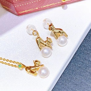 Super Cute AB Cat Shaped Freshwater <b>Pearl</b> Color Preserving Fashion Jewelry <b>Set</b> Includes Earrings and Necklace with Chain - Product Image 1