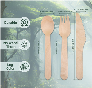 Ensemble de couverts en bois jetables - Couteau, cuillère et fourchette, écologiques et sans plastique - Product Image 2