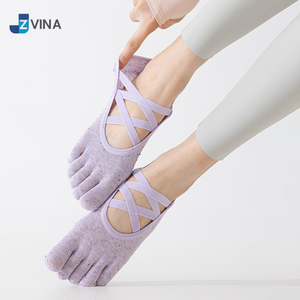 <b>Custom</b> 5 Toe Low Cut Pilates <b>Grip</b> <b>Socks</b> Non Slip Yoga Barre Dance <b>Socks</b> with Cross Straps Manufacturer - Product Image 1