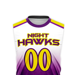 Tenues de football 7v7 de haute qualité en gros, violet et or, sans manches, col en V, séchage rapide, sublimées, pour activités sportives - Product Image 4