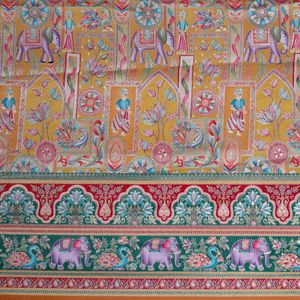 ผ้าไหมโดลาพรีเมียม ผ้าเครปธรรมชาติ สีเหลืองมัสตาร์ด สำหรับเสื้อผ้าเด็กผู้ชาย ลายพิมพ์วิวทิวทัศน์แบบชาติพันธุ์ ลายช้าง ขอบนุ่ม - Product Image 3