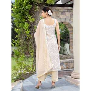 ชุดเซ็ตสูท Vaani XS สีเบจ ผ้าจอร์เจตต์ ปักลายชิกันการี สำหรับผู้หญิง ระบายอากาศได้ดี ผ้าชีฟองเก๋ไก๋ ลายพิมพ์เพสลีย์สไตล์วินเทจ ความยาวระดับข้อเท้า ชุดฤดูร้อนสไตล์ชาติพันธุ์ - Product Image 5