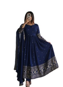 Vestido Tradicional Indio de Boda Salwar Kameez Anarkali, Largo hasta el Suelo, Azul, con Bordado, de Seda, Corte Holgado para Mujer - Product Image 2