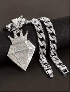 Cadena Cubana de Oro Blanco de 10K con Corona y Piedras, Cadena Real, Cadena Cubana con Piedras de la Riqueza del Rey, Collar con Corona Imperial y Piedras, Cadena Hip Hop - Product Image 3