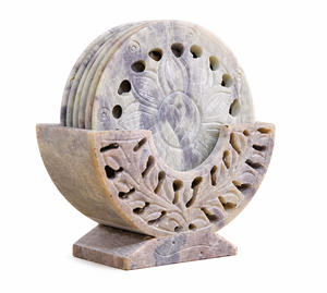 Ensemble de sous-verres en pierre ollaire faits à la main avec support – Sous-verres en pierre naturelle, cadeau de vaisselle décorative à texture marbrée - Product Image 1