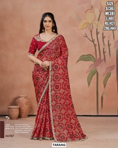 Sari de seda satinada rojo de dos tonos TARANG con estampado digital Bandhej y bordado de lentejuelas para mujer 44707 - Product Image 1