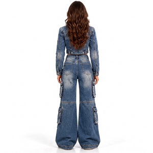 <b>Womens</b> Blue Denim Two Piece Set Cropped Jacket Multi Pocket <b>Baggy</b> Cargo <b>Jeans</b> Custom OEM ODM Wholesale Clothing Manufacturer - Product Image 2