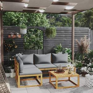 Ensemble de salon de jardin en bois d'acacia massif, 5 pièces, avec coussins gris, meubles de jardin d'extérieur, design contemporain, résistant aux intempéries - Product Image 3