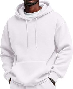 Sweat-shirt à capuche blanc pour homme, coupe classique, en molleton de coton, couleur unie, tricoté, avec poches, idéal pour l'automne - Product Image 2