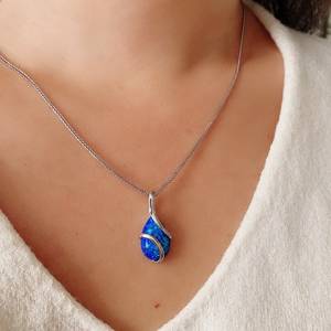 Natural Blue <b>Opal</b> Cabochon <b>Pendant</b> Handmade 925 Sterling Silver Gold Plated Engagement Charm for Women - Product Image 1