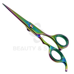 Ciseaux de coiffure professionnels multicolores arc-en-ciel à bord convexe tranchant avec poignée sculptée unique - Product Image 6