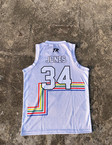 Ensemble de maillot de basket Rexfit 34 blanc, imprimé par sublimation, débardeur à col en V et short, tenue de sport unisexe toutes saisons en tissu mesh - Product Image 2