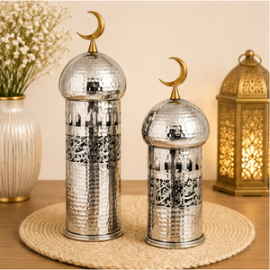 Juego de Adornos de Lujo Plateados para Ramadán, Minarete de Acero Inoxidable Martillado con Adorno de Cúpula de Mezquita y Remate de Luna Creciente Dorada - Product Image 6