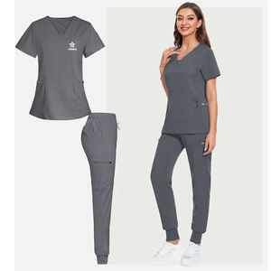 Spandex Polyester Twill Hospital <b>Scrub</b> <b>Set</b> V-Neck Top Jogger Pants Zipper Pocket Nursing Uniform Men Women Wholesale Healthcare - Product Image 1