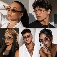 Lunettes de soleil rectangulaires sans monture pour femmes et hommes, style Y2K, branches effet bois, verres dégradés dorés, protection UV400, forme carrée étroite, rétro vintage streetwear
