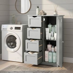 Mobile da Bagno in MDF Grigio con Rivestimento in Melamina 56*30*80cm con 4 Cassetti e 1 Anta Arredo Bagno Premium - Product Image 2