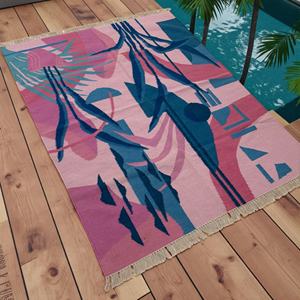Tapis Kilim en Laine Tissé à la Main Moderne, Motif Botanique Tropical Abstrait (Rose Teal), Tissage Plat Contemporain, Écologique, Antidérapant - Product Image 1