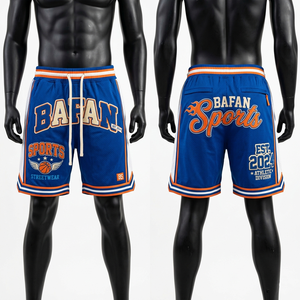 Shorts de basket-ball en polyester mesh premium 240 GSM, bleu, orange, blanc, avec empiècements latéraux en twill, pour homme - Product Image 1