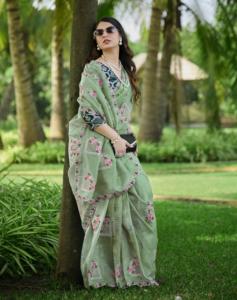 Sari Tradicional Indio de Seda Blanca con Bordado y Tela Arrugada, con Borde de Trabajo de Mano, para Mujer, Ideal para Bodas, Fiestas y Eventos, Última Moda - Product Image 6
