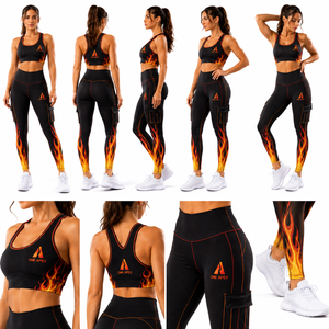Ensemble de yoga pour femme imprimé flamme : Leggings taille haute avec poches et brassière de sport – Tenue de fitness - Product Image 5