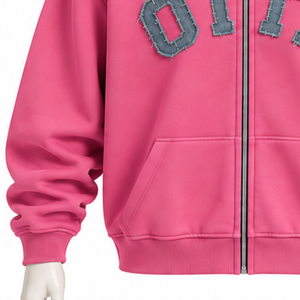 Hot <b>Pink</b> Mens Full Zip Hoodie Chenille Letter Patch Heavyweight Fleece Oversized Casual Streetwear <b>Sweatshirt</b> with Front Pockets - Product Image 6