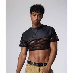 <b>Men's</b> Black <b>Mesh</b> Crop T-Shirt Short Sleeve O-Neck Color Blocked Street Style Regular Fit Breathable <b>Top</b> - Product Image 3