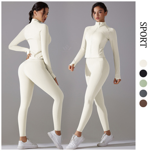 Ensemble de yoga vert pour femme : haut à manches longues avec fermeture éclair quart de tour et leggings taille haute sans coutures extensibles – Tenue de sport deux pièces - Product Image 6