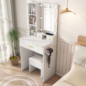 "European-Style Vanity Table Mirror Adjustable LED Lights Power Outlet Hairdryer Holder Compact <b>Dressing</b> Desk for Small Spaces" - Product Image 1