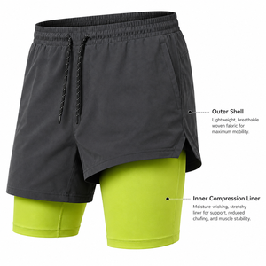 Shorts de sport pour homme, double couche, couleur unie, coupe classique, avec cordon de serrage, séchage rapide, pour la course à pied. - Product Image 2