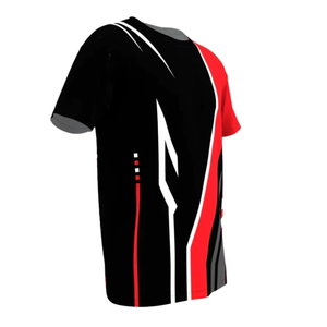 T-shirt sportif à manches courtes pour homme, motif géométrique noir et rouge, col rond, séchage rapide, coupe régulière, tricoté en polyester - Product Image 2