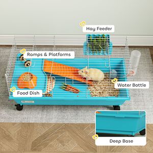 Gabbia Blu per Criceti da 35 Pollici con Ruote, Ciotola per Cibo, Bottiglia per Acqua e Mangiatoia per Fieno per Piccoli Animali Come Porcellini d'India - Product Image 6