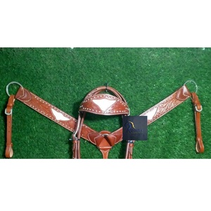 Western Brown <b>Leather</b> Horse Headstall and Breast Collar Set Hand Tooled Floral Design White Inlay Silver Studs Tack - Product Image 3