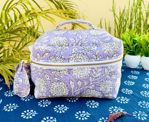 Vintage Handblock Print Quilted Cotton Zipper Closure <b>Large</b> Water Resistant Makeup <b>Bag</b>-Women's Travel Cosmetic Storage & <b>Gift</b> - Product Image 1