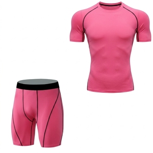 <b>Men's</b> Navy Blue <b>Compression</b> <b>Shirt</b> and Shorts Set Crew Neck Short Sleeve Moisture Wicking Fitted Polyester Athletic Wear - Product Image 2