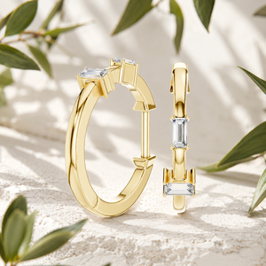 Modern <b>Huggies</b> Hoop Earring 18K <b>Solid</b> <b>Gold</b> Baguette VVS Lab Grown Diamond Rhodium Plated 0.10 CTW Fine Jewelry Wedding Gift - Product Image 1
