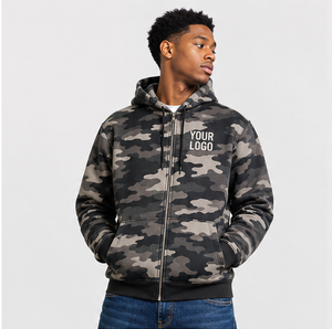 Sweat-shirt à capuche zippé camouflage personnalisé pour homme, en polaire, coupe classique, logo imprimé par transfert thermique, vêtement décontracté d'automne - Product Image 1