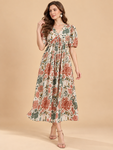 Floral Print V-Neck Cap Sleeve Midi <b>Dress</b> Empire Waist A-Line Loose Casual Woven Chiffon <b>Spring</b> <b>Dress</b> - Product Image 1
